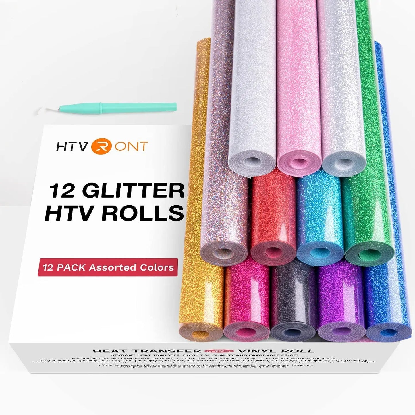 Cricut-kompatibel: 12 Rollen Glitzer-HTV – 25 cm x 150 cm – Wärmeübertragungsfolie für Plotter, T-Shirts & DIY-Projekte
