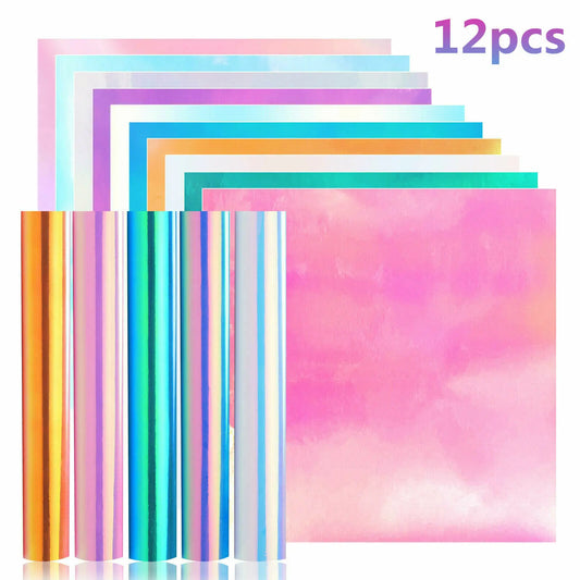 Cricut-kompatibel: 12 Holografische Vinylfolien – 30 x 30 cm – Selbstklebende Deko-Folie für DIY & Handyhüllen