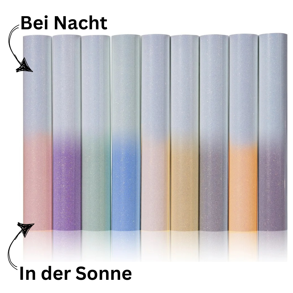 NEU! Cricut-kompatibel: 9er-Bundle – UV-reaktives Glitzer-Wärmeübertragungs-Vinyl, 30,5 x 25,4 cm – Farbwechselnd bei Sonnenlicht – HTV Folien-Set für Plotter & Wärmepresse