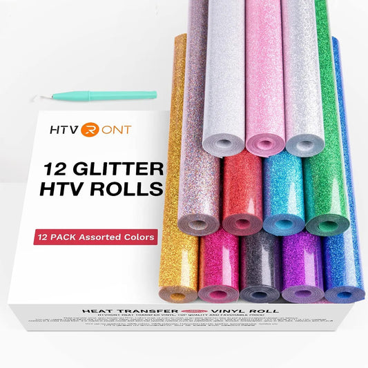 Cricut-kompatibel: 12 Rollen Glitzer-HTV – 25 cm x 150 cm – Wärmeübertragungsfolie für Plotter, T-Shirts & DIY-Projekte