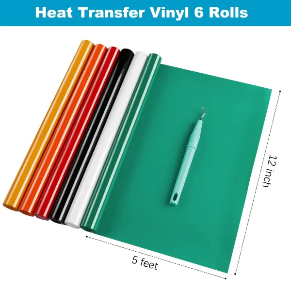 Cricut-kompatible HTVront 6 Pack 12 x 5 ft / 30 x 150 cm Mehrfarbige Wärmeübertragungs-Vinylrollen für Cricut, T-Shirt-Druck, DIY, Handwerk, Bügeln auf HTV-Dekor-Film - Image 3