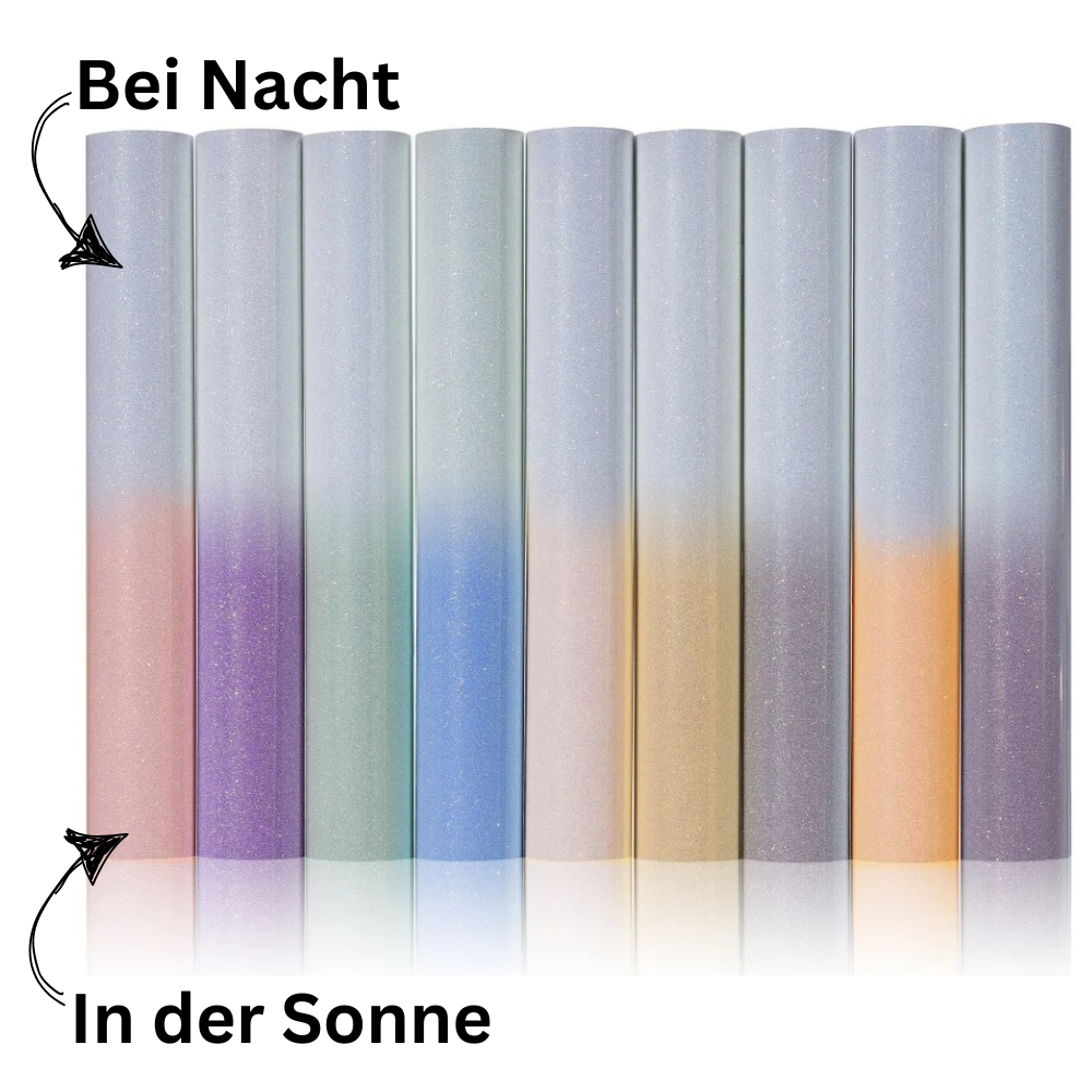 NEU! Cricut-kompatibel: 9er-Bundle – UV-reaktives Glitzer-Wärmeübertragungs-Vinyl, 30,5 x 25,4 cm – Farbwechselnd bei Sonnenlicht – HTV Folien-Set für Plotter & Wärmepresse