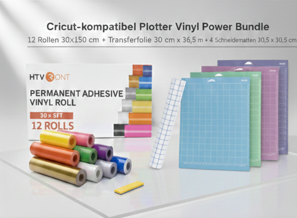 Cricut-kompatibel Plotter Vinyl Power Bundle – 12 Rollen 30×150 cm + Transferfolie 30 cm × 36,5 m + 4 Schneidematten 30,5×30,5 cm