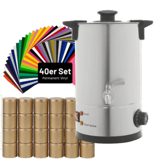 Mega-Bundle: Elektrischer 30-Liter-Wachsschmelzer mit 24 Kerzendosen & 40er Vinyl-Set – Kerzen selber machen und personalisieren