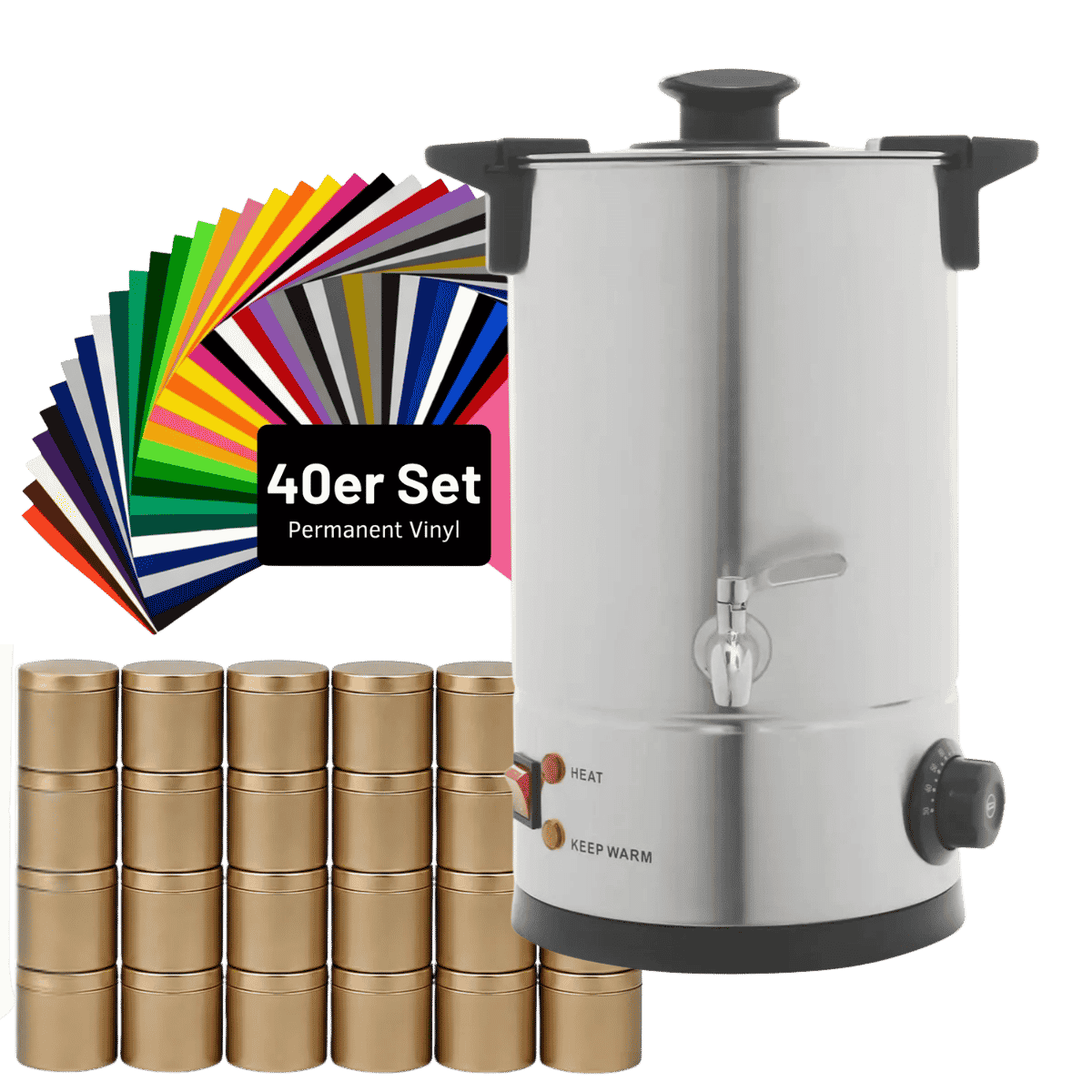 Mega-Bundle: Elektrischer 30-Liter-Wachsschmelzer mit 24 Kerzendosen & 40er Vinyl-Set – Kerzen selber machen und personalisieren